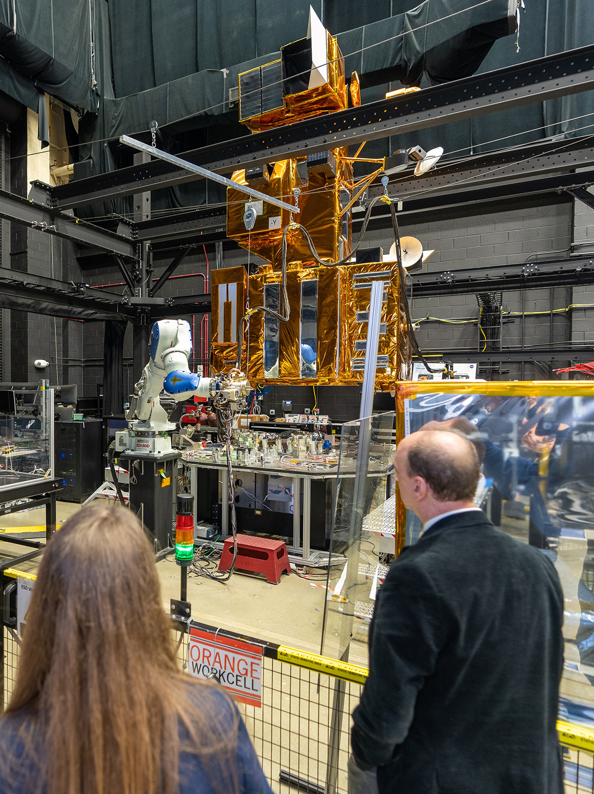 Robotic Operations Center (ROC) at NASA Goddard Space Flight Center showing full scale mock-up of Landsat 7 with OSAM-1 payload deck.